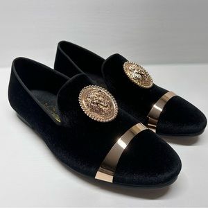 Harpelunde Men Dress Shoes Animal Buckle Black Velvet Loafers With Gold Plate 10